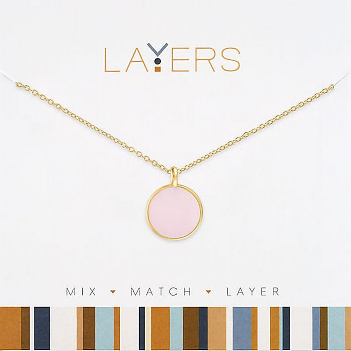 Center Court : Gold Round Pink Seashell Pendant Layers Necklace - Center Court : Gold Round Pink Seashell Pendant Layers Necklace