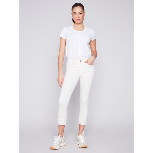 Charlie B : Frayed Hem Cropped Twill Pants - Natural - Charlie B : Frayed Hem Cropped Twill Pants - Natural