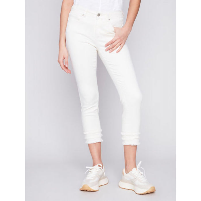 Charlie B : Frayed Hem Cropped Twill Pants - Natural - Charlie B : Frayed Hem Cropped Twill Pants - Natural