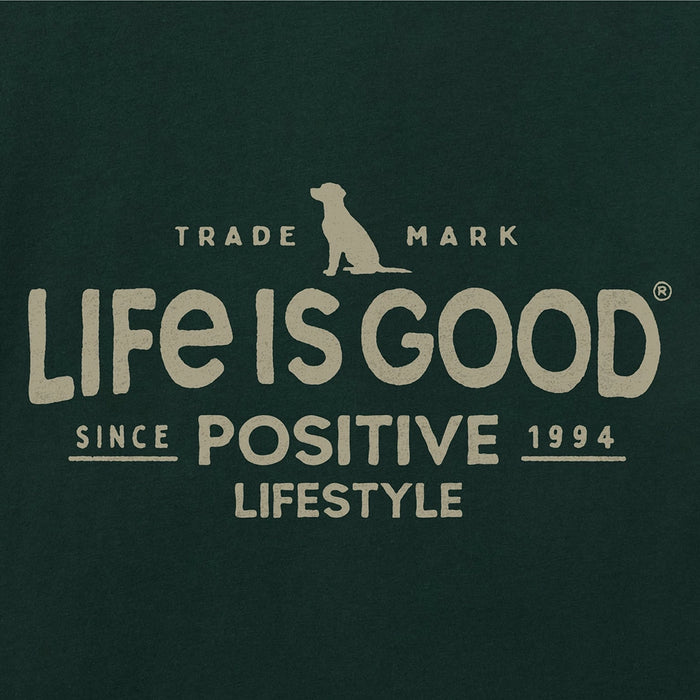 Close-up of Life Is Good Positive Lifestyle graphic featuring logo text and dog silhouette.