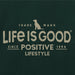 Close-up of Life Is Good Positive Lifestyle graphic featuring logo text and dog silhouette.
