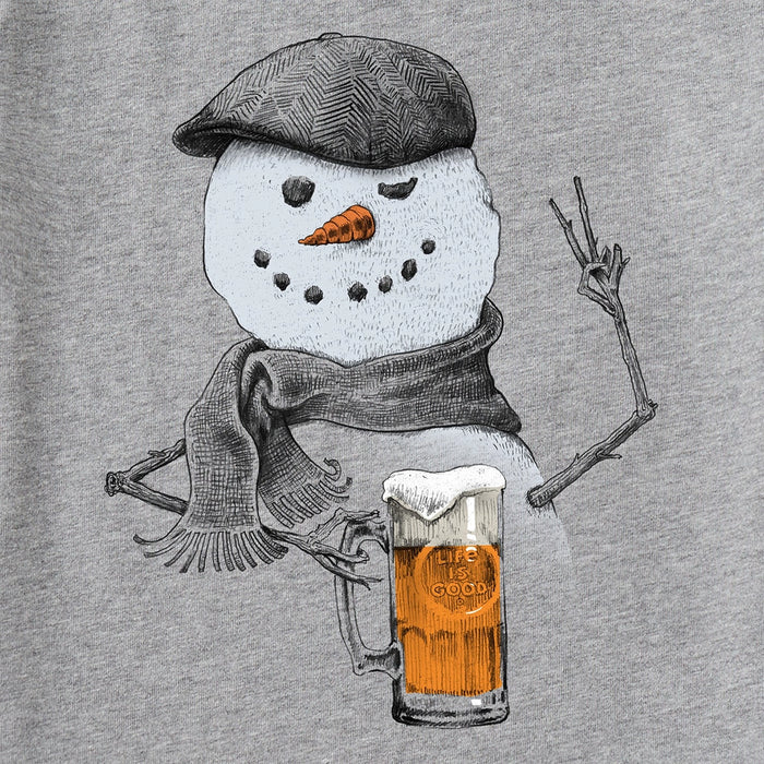 Close-up of Life Is Good Snowman with Beer graphic showing snowman in scarf and hat holding frothy beer mug on gray fabric.