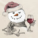 Close-up of Life Is Good Snowman with Red Wine graphic showing snowman in striped Santa hat, scarf, and wine glass detail.