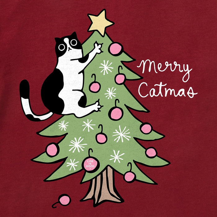 Close-up of Life Is Good Merry Catmas graphic showing cat on Christmas tree with ornaments, star, and holiday details.