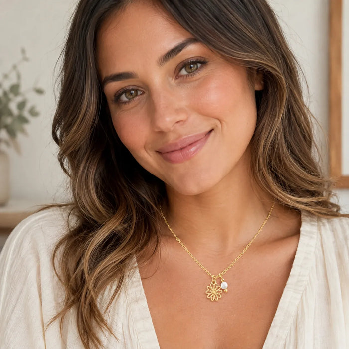 Mazie Mae : Gold Daisy Pearl Dangle Necklace