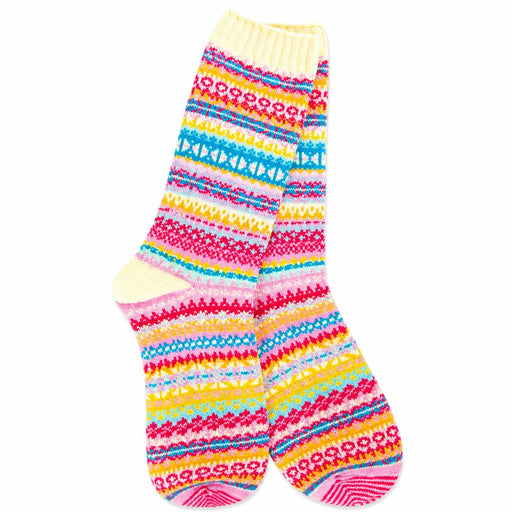 A pair of multicolor Fair Isle patterned knit socks with pink, yellow, blue, and white stripes, displayed against a solid white background.