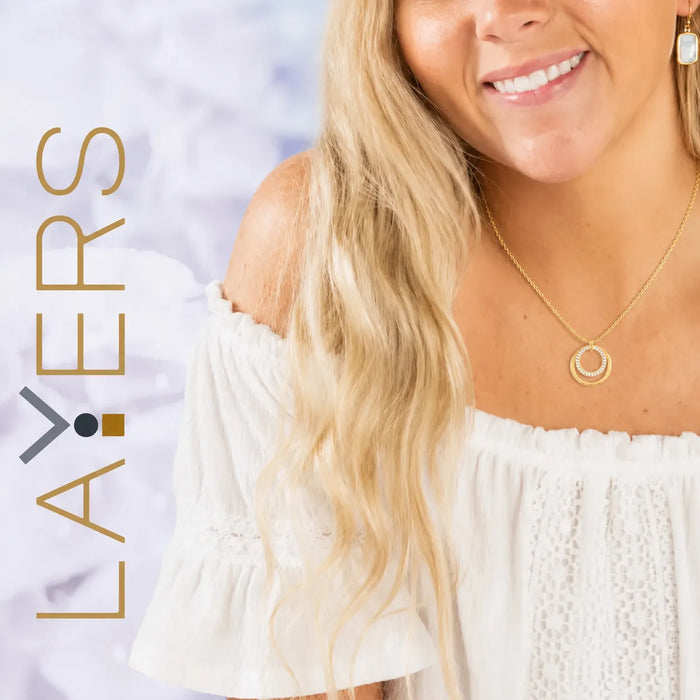 Layers : Gold Double Circle CZ Pendant Necklace