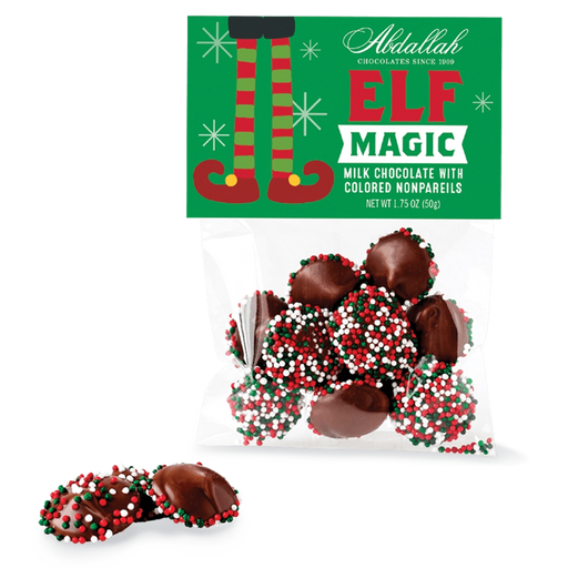 Bag of Abdallah Candies Elf Magic Milk Chocolate Nonpareils with red, white, and green sprinkles in festive holiday packaging.