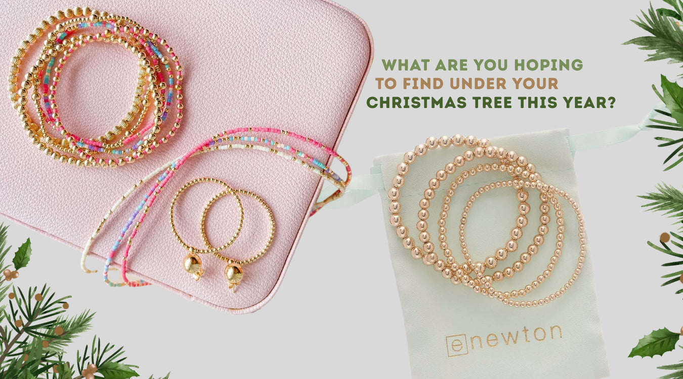 Gold jewelry set with pink pouch and 'Enewton' branding on a light background with Christmas tree elements.