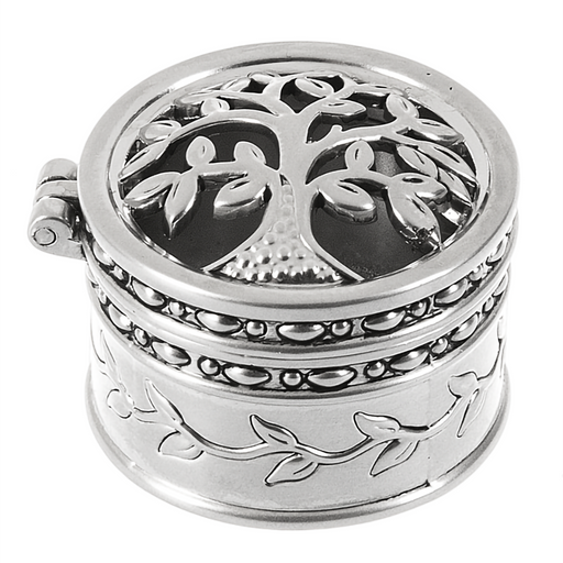 Silver decorative box charm  with tree of life design on a white background