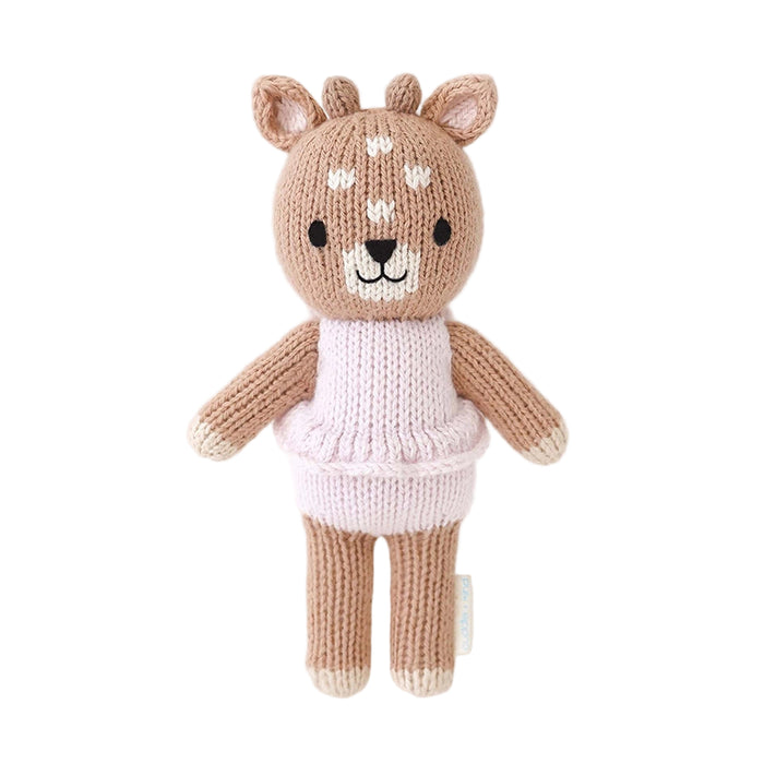 Cuddle + Kind Tiny Violet the Fawn hand-knit doll in lilac outfit, front view.