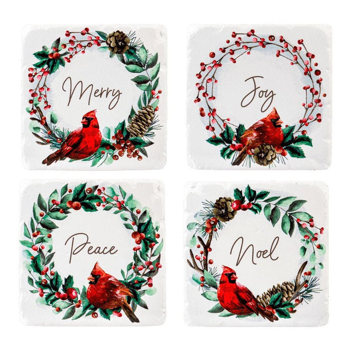 Ganz : Tabletop Cardinal Wreath Coaster Set of 4 "Joy, Peace, Merry, Noel" - Ganz : Tabletop Cardinal Wreath Coaster Set of 4 "Joy, Peace, Merry, Noel"