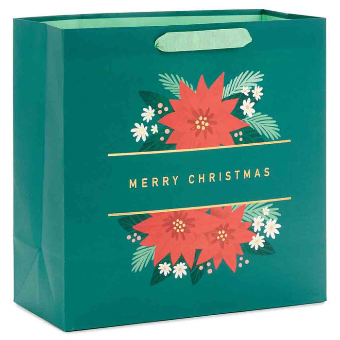 Hallmark : 10.4" Poinsettias on Green Large Square Christmas Gift Bag - Hallmark : 10.4" Poinsettias on Green Large Square Christmas Gift Bag