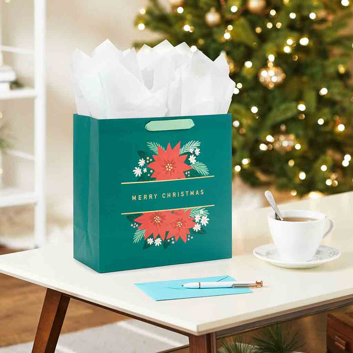 Hallmark : 10.4" Poinsettias on Green Large Square Christmas Gift Bag - Hallmark : 10.4" Poinsettias on Green Large Square Christmas Gift Bag