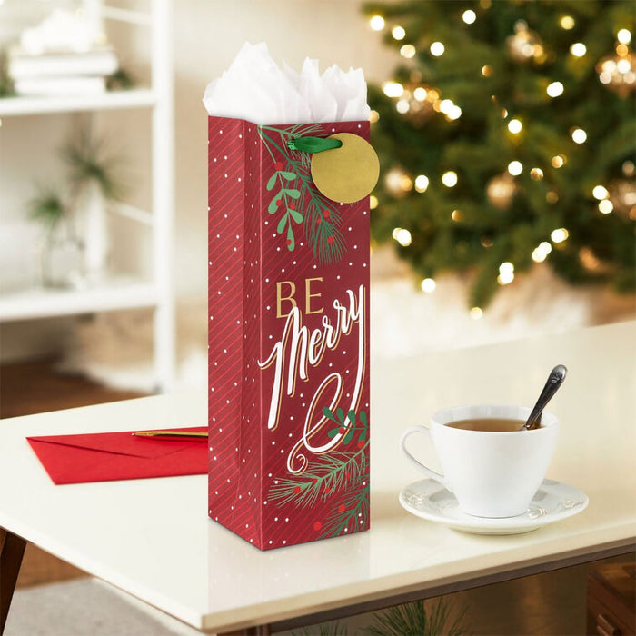 Hallmark : 13" Be Merry on Dark Red Christmas Wine Gift Bag - Hallmark : 13" Be Merry on Dark Red Christmas Wine Gift Bag