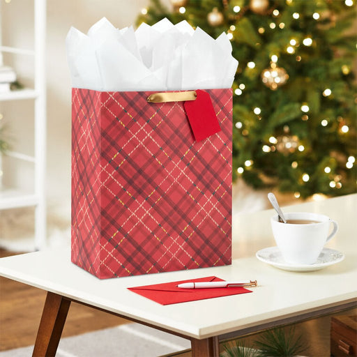 Hallmark : 13" Dark Red Plaid Large Holiday Gift Bag - Hallmark : 13" Dark Red Plaid Large Holiday Gift Bag