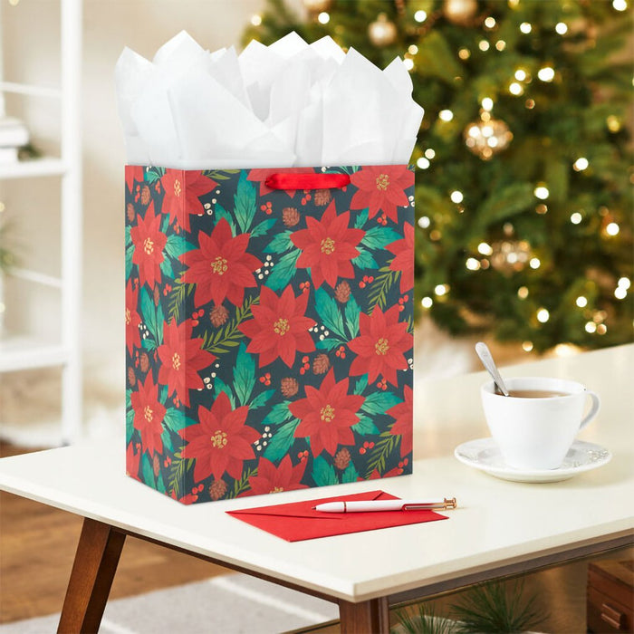 Hallmark : 13" Red Poinsettias and Pinecones Large Holiday Gift Bag - Hallmark : 13" Red Poinsettias and Pinecones Large Holiday Gift Bag