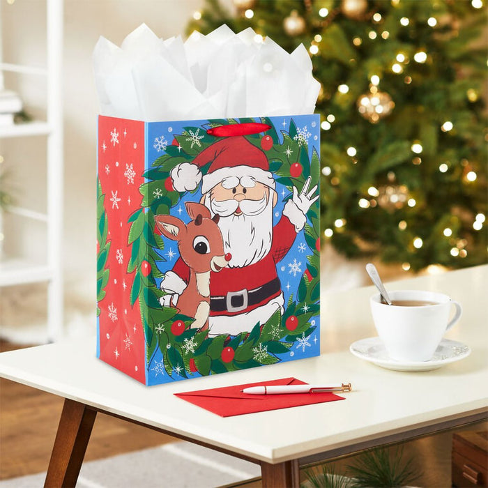 Hallmark : 13" Rudolph the Red - Nosed Reindeer® and Santa With Wreath Large Christmas Gift Bag - Hallmark : 13" Rudolph the Red - Nosed Reindeer® and Santa With Wreath Large Christmas Gift Bag