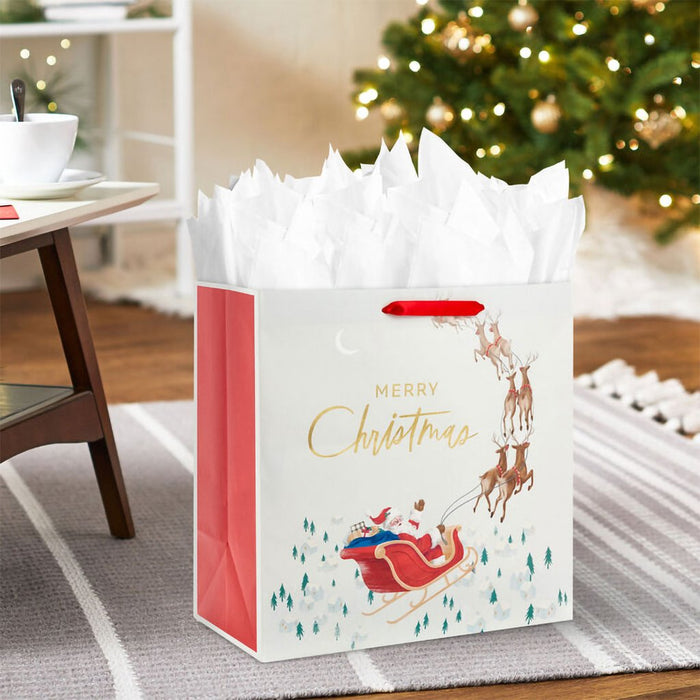 Hallmark : 15" Santa's Sleigh on Ivory Extra - Deep Christmas Gift Bag - Hallmark : 15" Santa's Sleigh on Ivory Extra - Deep Christmas Gift Bag