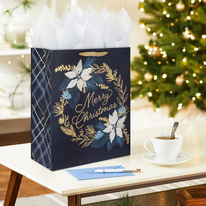 Hallmark : 15.5" Merry Christmas Wreath on Navy Extra - Large Gift Bag - Hallmark : 15.5" Merry Christmas Wreath on Navy Extra - Large Gift Bag