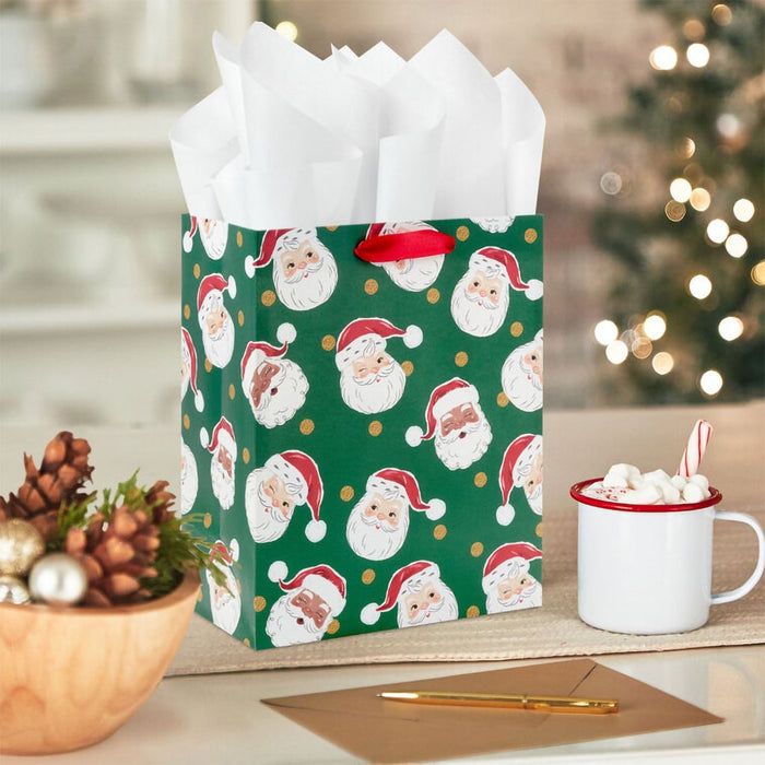 Hallmark : 9.6" Santa Faces on Green Medium Christmas Gift Bag - Hallmark : 9.6" Santa Faces on Green Medium Christmas Gift Bag