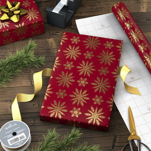 Hallmark : Elegant Gold Snowflakes on Red Holiday Wrapping Paper Roll, 22.5 sq. ft. - Hallmark : Elegant Gold Snowflakes on Red Holiday Wrapping Paper Roll, 22.5 sq. ft.