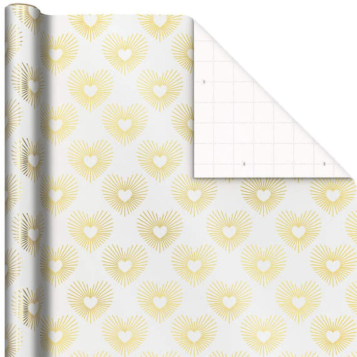 Hallmark : Gold Hearts on White Wrapping Paper, 15 sq. ft. - Hallmark : Gold Hearts on White Wrapping Paper, 15 sq. ft.