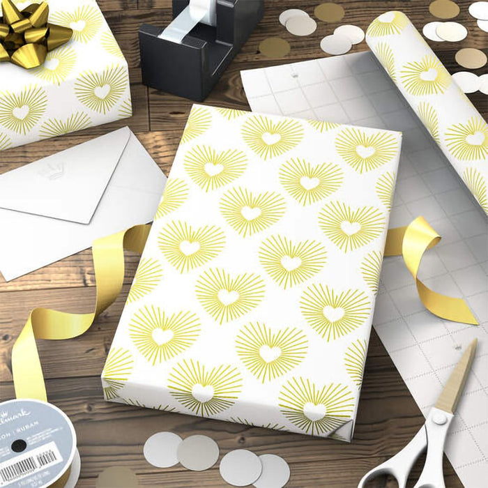 Hallmark : Gold Hearts on White Wrapping Paper, 15 sq. ft. - Hallmark : Gold Hearts on White Wrapping Paper, 15 sq. ft.