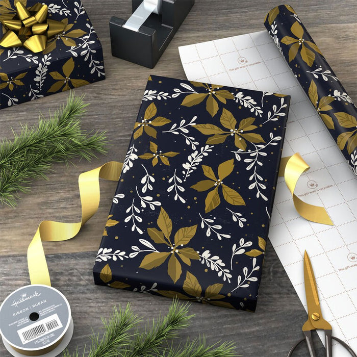 Hallmark : Gold Poinsettias on Navy Christmas Wrapping Paper Roll, 35 sq. ft. - Hallmark : Gold Poinsettias on Navy Christmas Wrapping Paper Roll, 35 sq. ft.