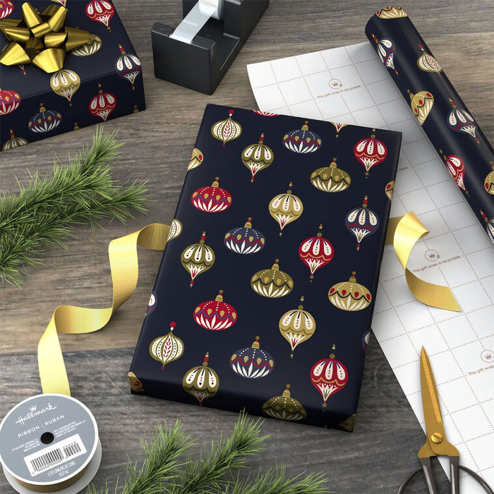 Hallmark : Painted Ornaments on Navy Christmas Wrapping Paper Roll, 35 sq. ft. - Hallmark : Painted Ornaments on Navy Christmas Wrapping Paper Roll, 35 sq. ft.