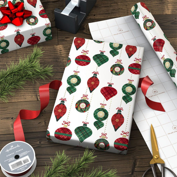 Hallmark : Retro Ornaments on White Christmas Wrapping Paper Roll, 35 sq. ft. - Hallmark : Retro Ornaments on White Christmas Wrapping Paper Roll, 35 sq. ft.