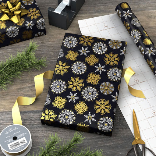 Hallmark : White and Gold Snowflakes on Black Holiday Wrapping Paper Roll, 35 sq. ft. - Hallmark : White and Gold Snowflakes on Black Holiday Wrapping Paper Roll, 35 sq. ft.