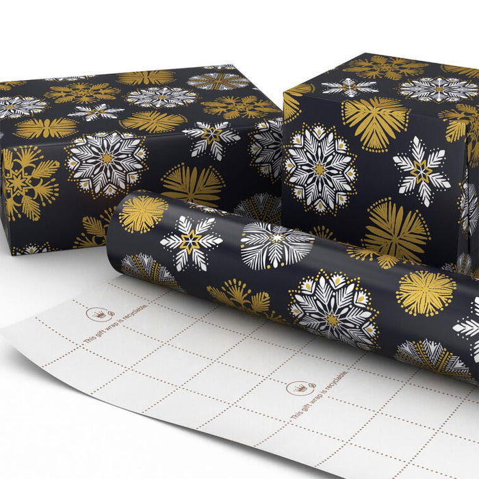 Hallmark : White and Gold Snowflakes on Black Holiday Wrapping Paper Roll, 35 sq. ft. - Hallmark : White and Gold Snowflakes on Black Holiday Wrapping Paper Roll, 35 sq. ft.