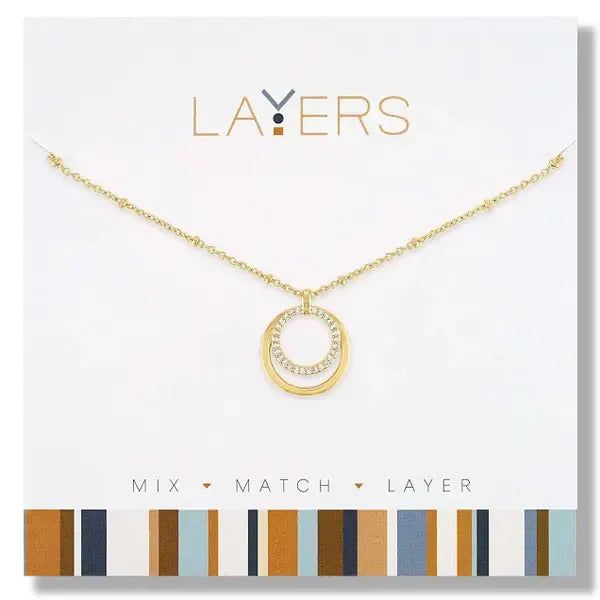 Layers : Gold Double Circle CZ Pendant Necklace