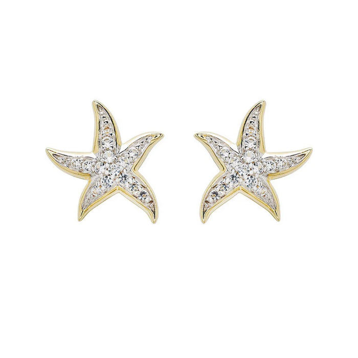 Star-shaped earrings with diamond accents on a white background