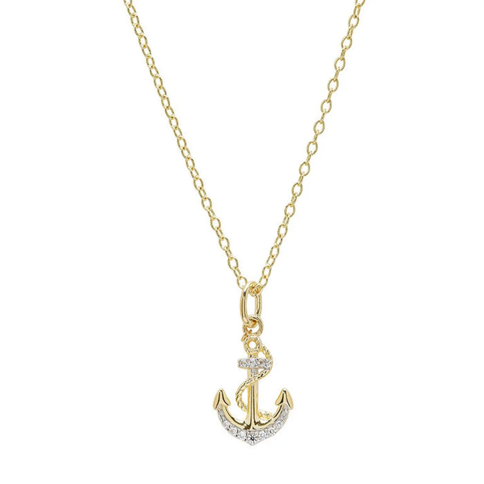 Gold necklace with an anchor pendant on a white background