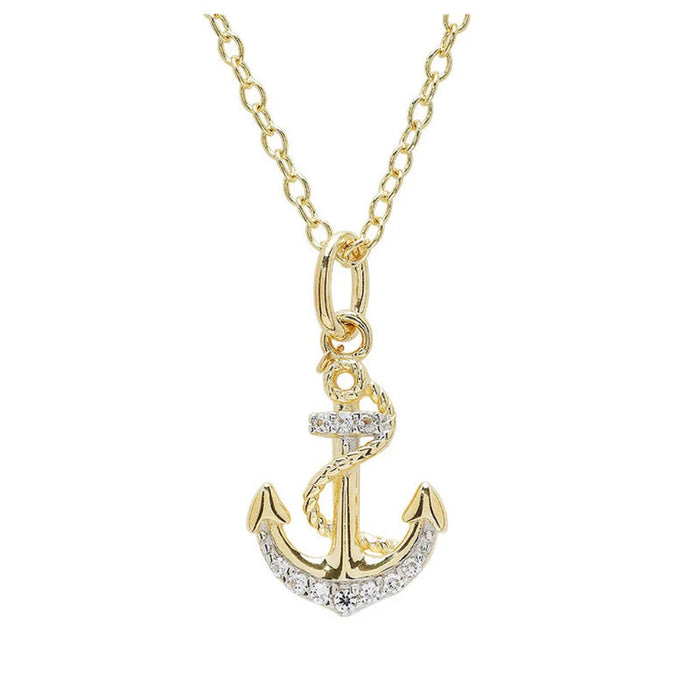 Ship anchor Gold with crystal accents  Shanore necklace on a white background  