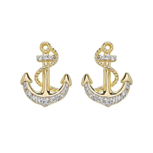 Ship anchor Gold with crystal accents  Shanore stud earrings on a white background 