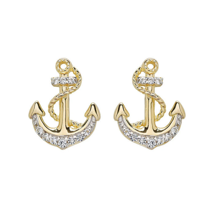 Ship anchor Gold with crystal accents  Shanore stud earrings on a white background 