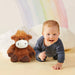 Baby crawling next to a plush toy horse with a rainbow in the background