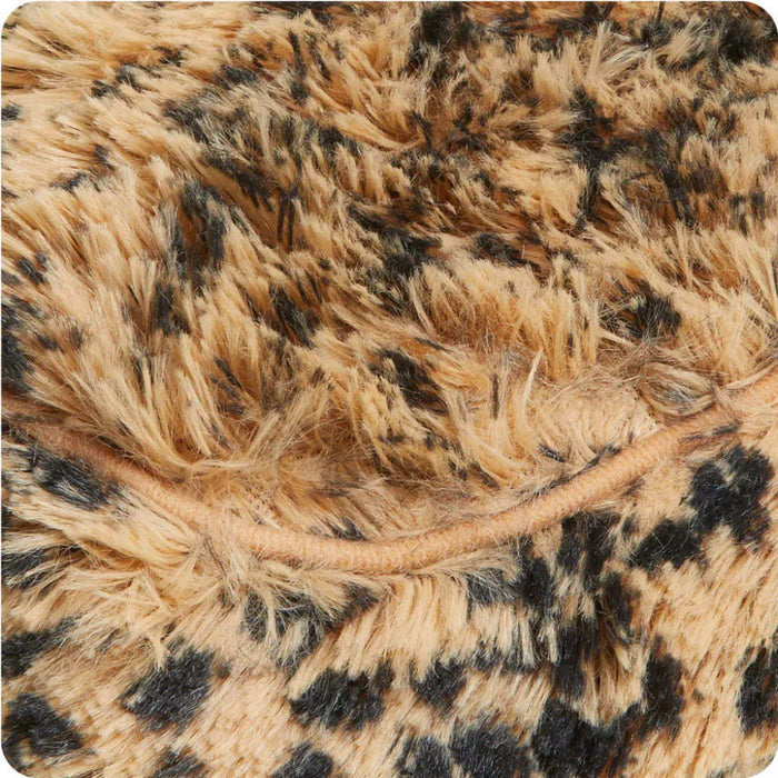 Close-up of a fluffy, leopard print fabric texture