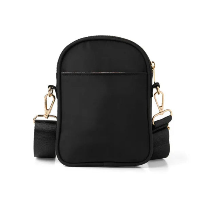 Black crossbody bag with gold hardware on a white background