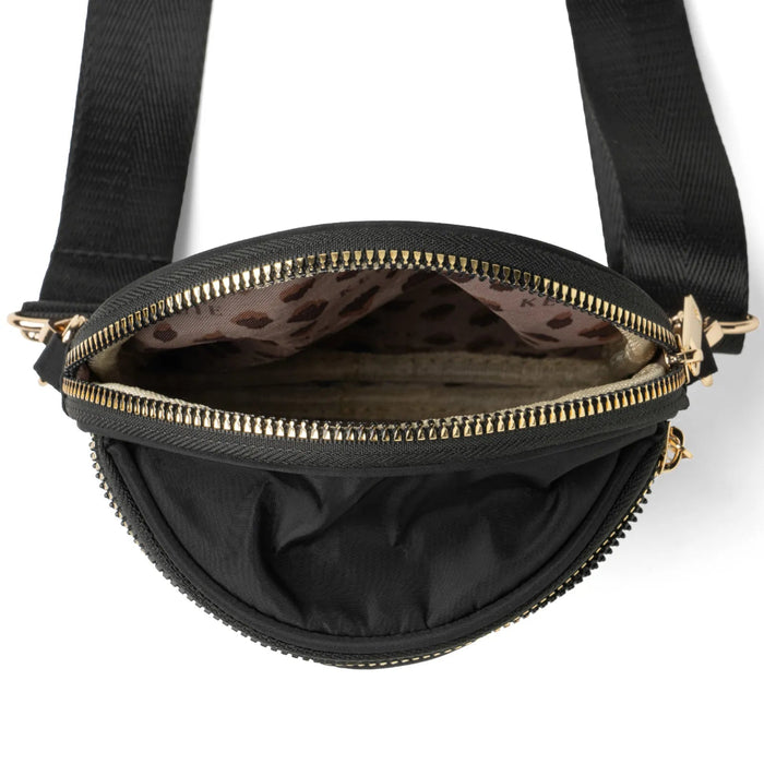 Black crossbody bag with gold zipper on a white background