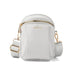Light gray crossbody bag with gold accents on a white background