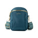 Teal crossbody bag with gold accents on a white background