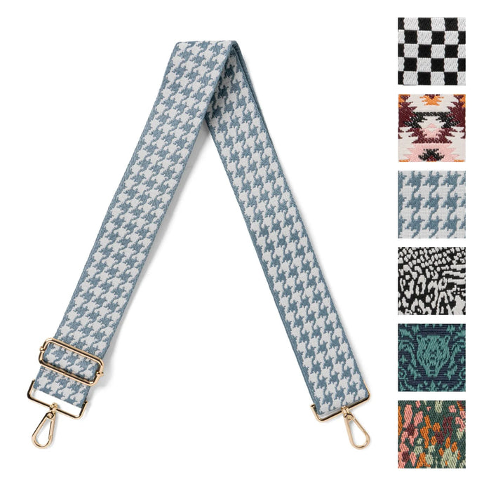 Patterned bag strap with gold hardware on a white background, featuring various design options.