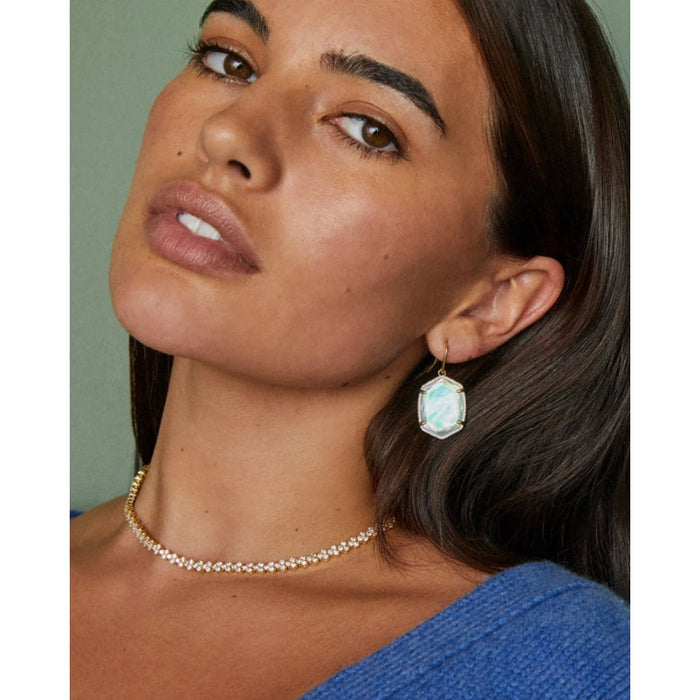 Kendra Scott : Daphne Gold Metal Pave Frame Drop Earrings in Iridescent Ivory Illusion - Kendra Scott : Daphne Gold Metal Pave Frame Drop Earrings in Iridescent Ivory Illusion