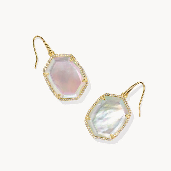 Kendra Scott : Daphne Gold Metal Pave Frame Drop Earrings in Iridescent Ivory Illusion - Kendra Scott : Daphne Gold Metal Pave Frame Drop Earrings in Iridescent Ivory Illusion