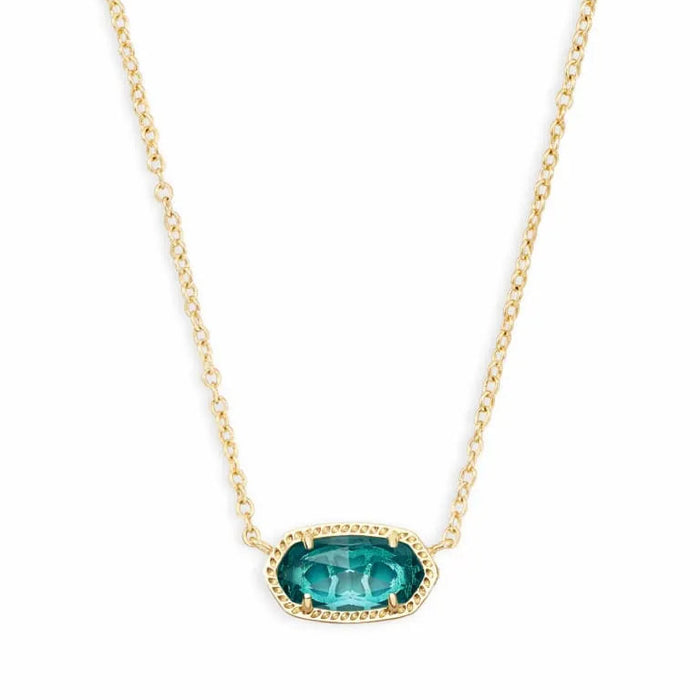 A gold chain necklace featuring an oval-cut teal green gemstone in a gold bezel setting with a delicate micro-pave border, shown against a plain white background.