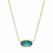 A gold chain necklace featuring an oval-cut teal green gemstone in a gold bezel setting with a delicate micro-pave border, shown against a plain white background.